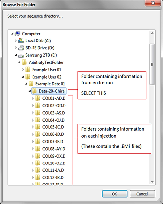 Browse For Folder window: select the folder holding the entire run, not the per-injection folders