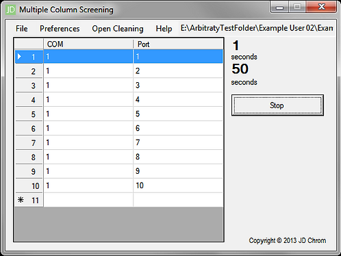 MCS Program injection table with COM and port assignments
