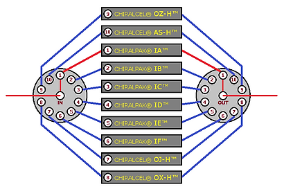 Valve diagram showing which chiral column is installed on each port, with port 1 highlighted