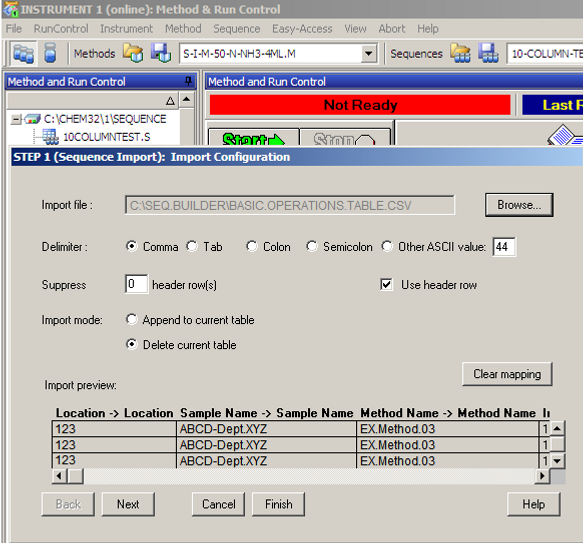 ChemStation Sequence Import window